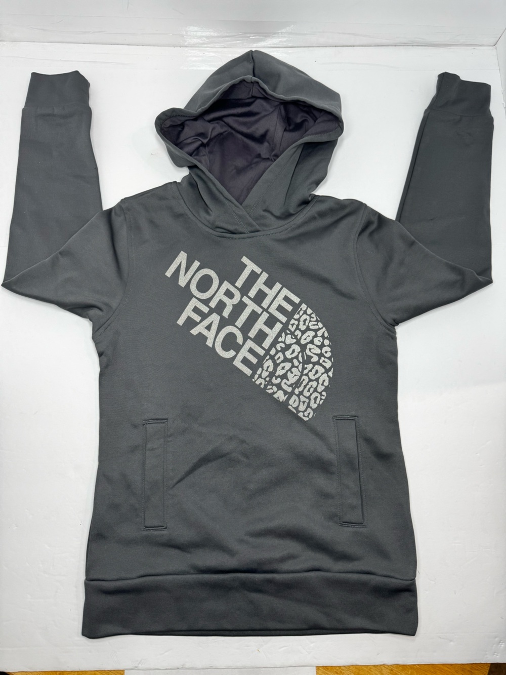 The North Face Charcoal Gray Logo Pullover Hoodie with Leopard Accent girls M 10